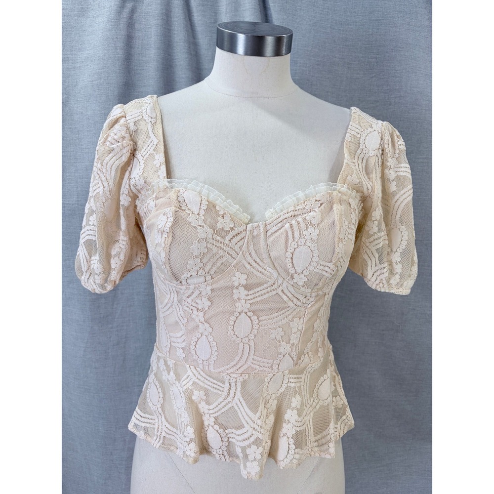 Haute Monde Cream Blush Lace Peplum Top Sweetheart Puff Sleeve Smocked S